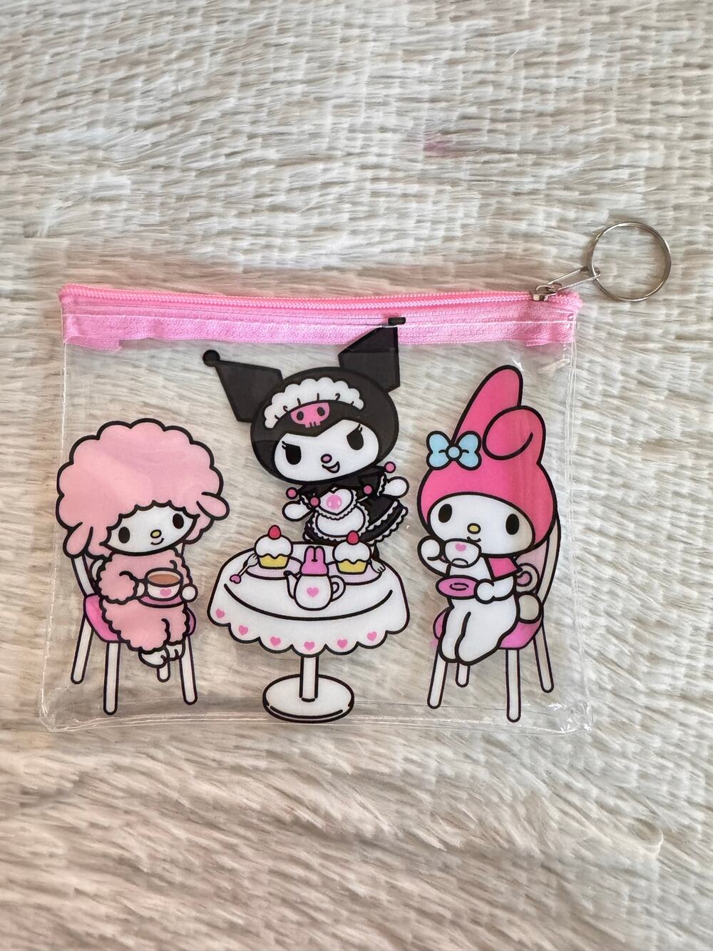 Sanrio My Melody and Kuromi clear pouch with pink zipper and keychain